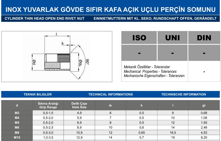 İNOX YUVARLAK GÖVDE SIFIR KAFA AÇIK UÇLU PERÇİN SOMUNU